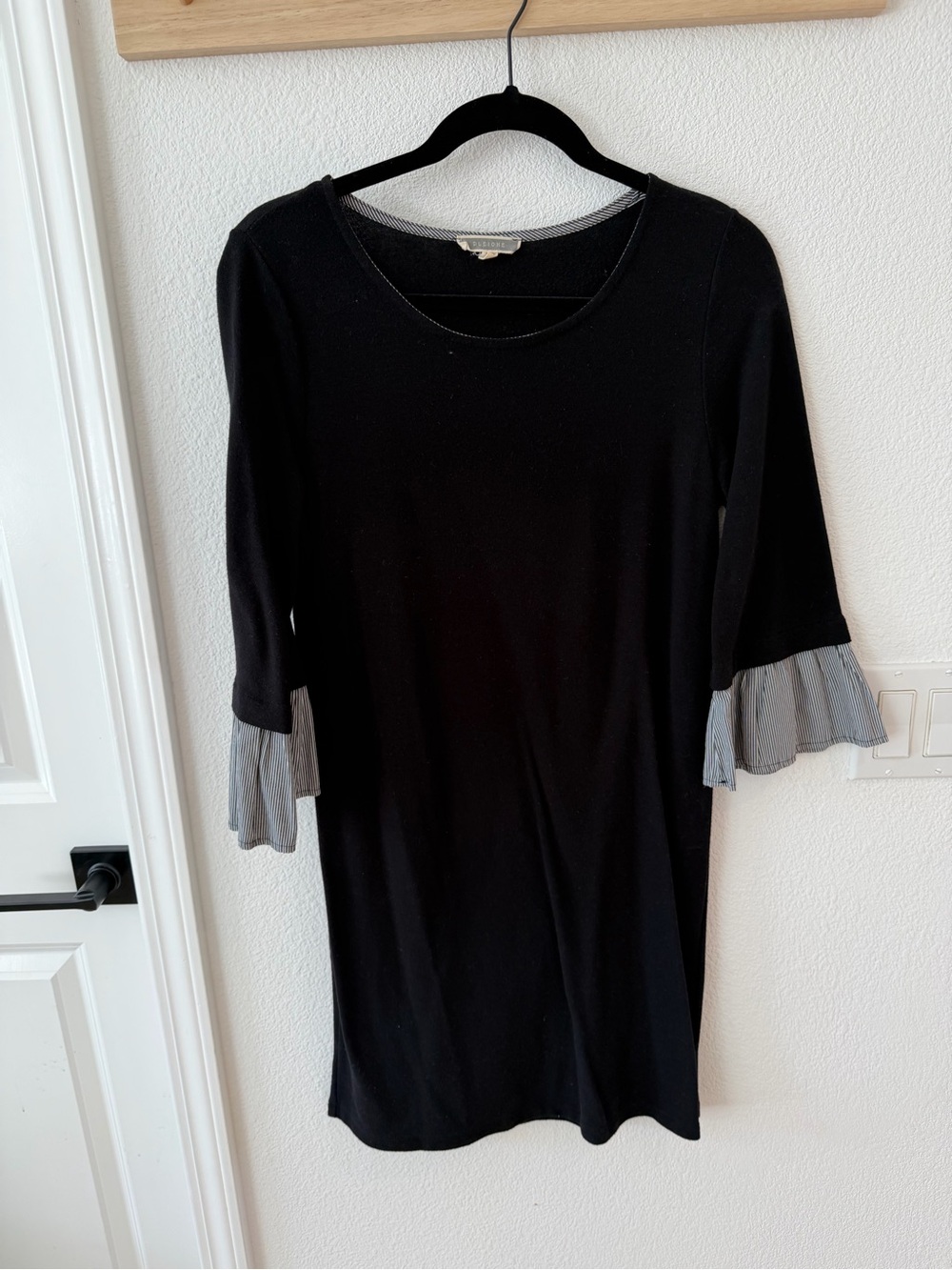 Black Shift Dress with Striped Ruffle Sleeves